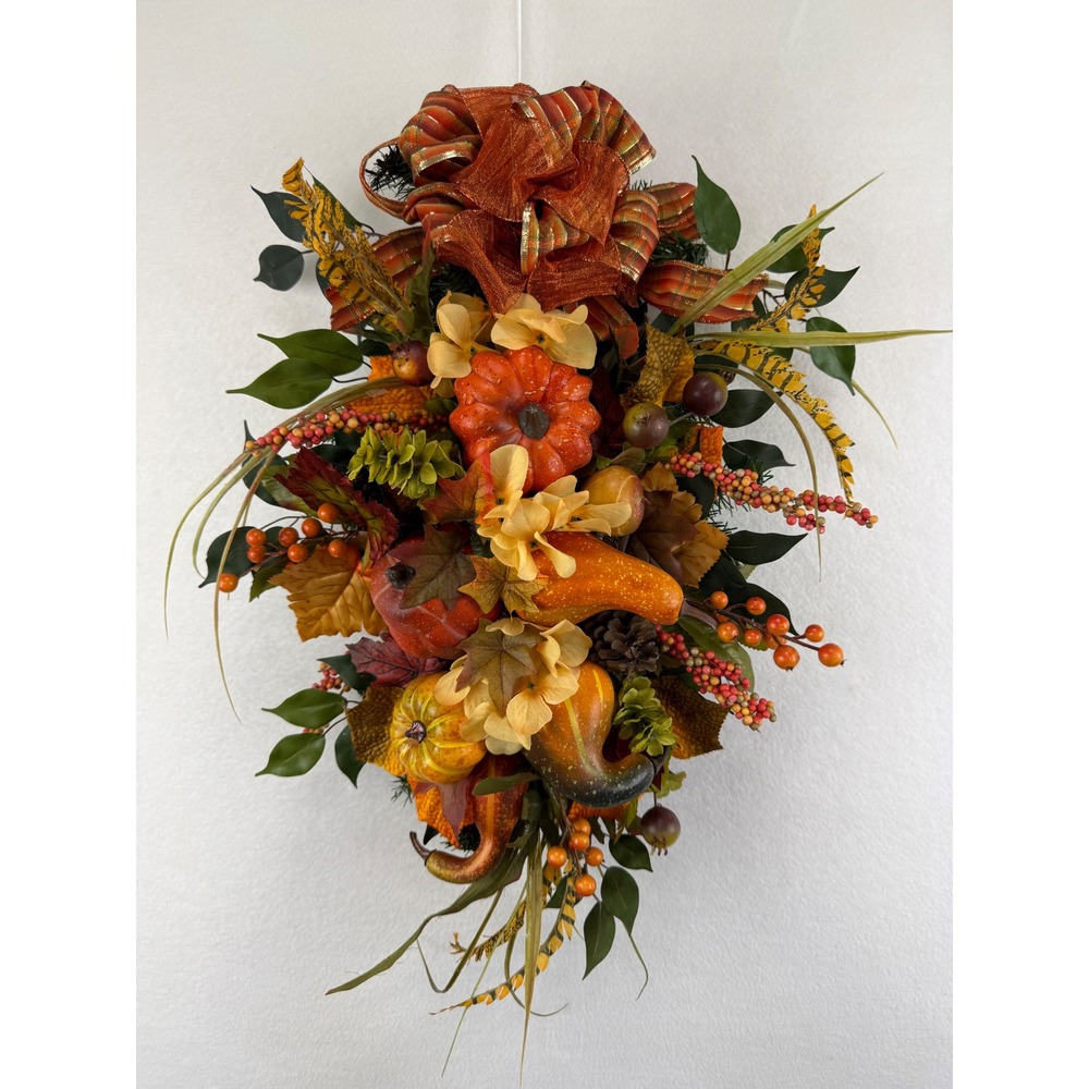 Fall Harvest Pumpkin Gourd Floral Swag Wreath Orange Plaid Bow Autumn Decor